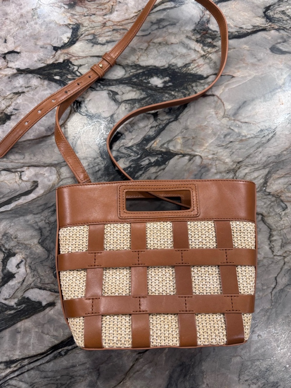 Talbots Brown Leather and Natural Straw Woven Shoulder Bag